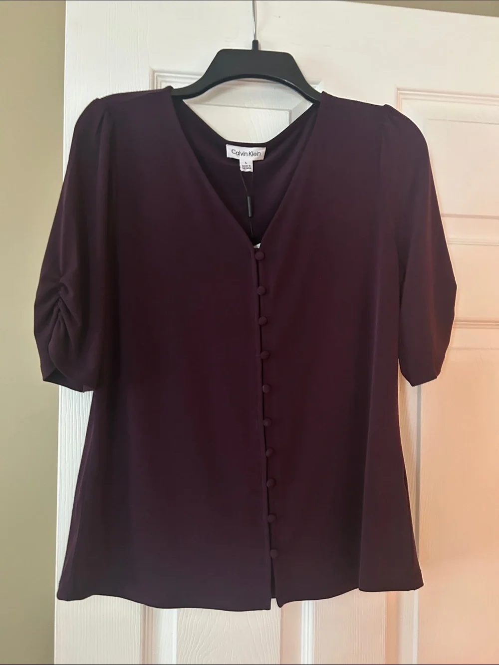 Calvin Klein Deep Plum Faux Button-Front Short Sleeve Blouse - Picture 1 of 3